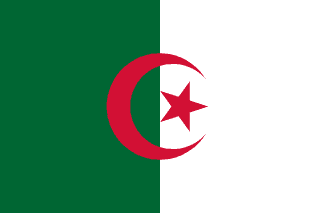 The flag of Algeria features two equal vertical bands of green and white. A five-pointed red star within a fly-side facing red crescent is centered over the two-color boundary.