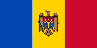 The flag of Moldova is composed of three equal vertical bands of blue, yellow and red, with the national coat of arms centered in the yellow band.