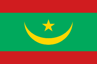 The flag of Mauritania has a green field with a thin red horizontal band at the top and bottom of the field. At the center of the field is a five-pointed yellow star above an upward facing yellow crescent.