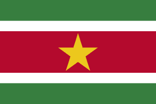 The flag of Suriname is composed of five horizontal bands of green, white, red, white and green in the ratio of 2:1:4:1:2. A large five-pointed yellow star is centered in the red band.