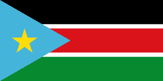 The flag of South Sudan is composed of three equal horizontal bands of black, red with white top and bottom edges, and green. A blue equilateral triangle which spans about two-fifth the width of the field is superimposed on the hoist side with its base on the hoist end of the field. At the center of this triangle is a five-pointed yellow star.