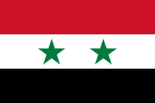 The flag of Syria is composed of three equal horizontal bands of red, white and black. At the center of the white band are two small five-pointed green stars arranged in a horizontal line.