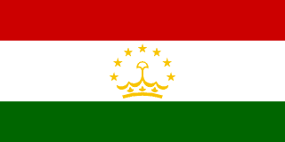 The flag of Tajikistan is composed of three horizontal bands of red, white and green in the ratio of 2:3:2. A golden-yellow crown surmounted by an arc of seven five-pointed golden-yellow stars is centered in the white band.