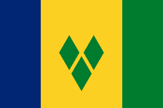 The flag of Saint Vincent and the Grenadines is composed of three vertical bands of blue, gold and green. The gold band is twice as wide as the other two bands and bears three green diamonds arranged to form the letter V at its center.